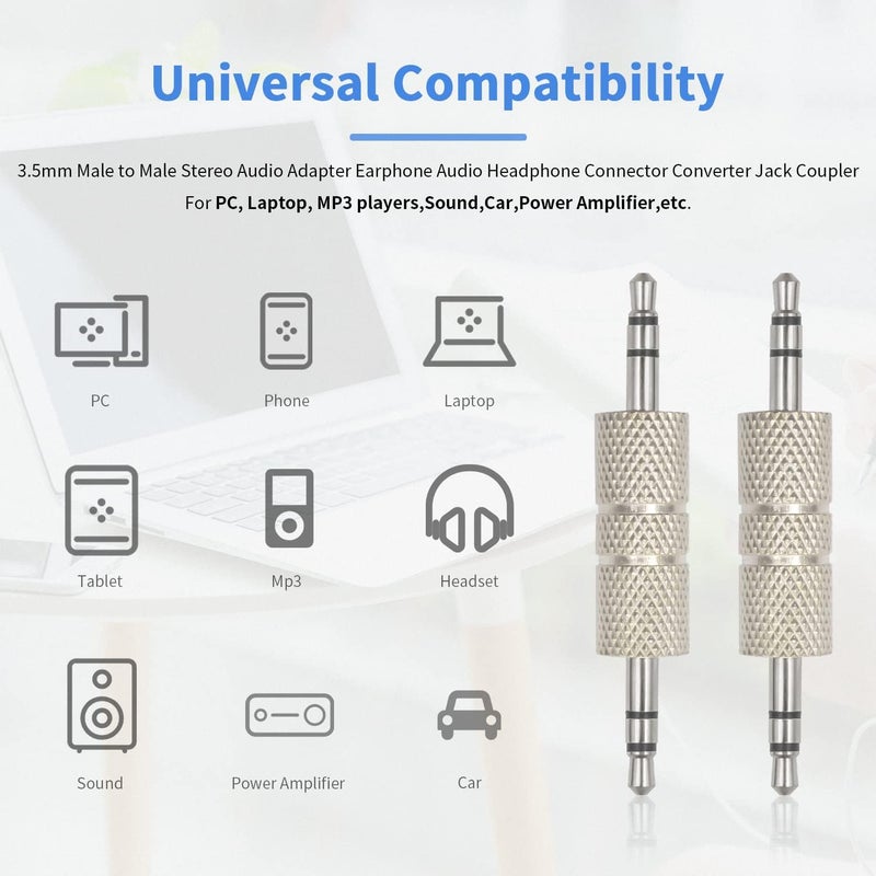 Duttek 3.5mm Male to Male Audio Adapter, Metal Silver 3 Pole 3.5mm Stereo Jack Adapter Audio Headphone Jack Coupler Connectors - 2 Pack - Image 3
